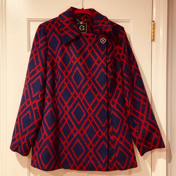 C. Wonder Jackets & Blazers - C Wonder A-Line Flare Coat – Blue and Red Diamond Pattern, Size Medium